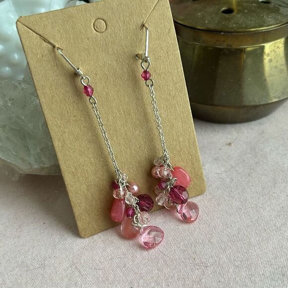 Y2K Silver Pink Shoulder Duster Beaded Earrings - Picture 1 of 3